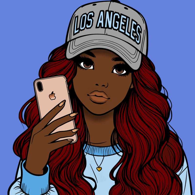 realistic beautiful girl wearing los ángeles cap holding an iphone