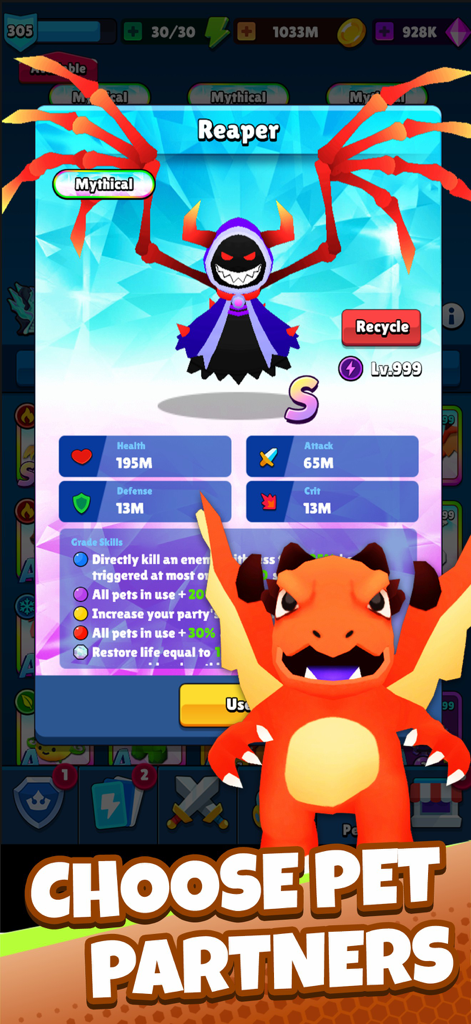 Heroes Assemble: Eternal Myths - A game screen showing a mythical Reaper pet with high stats and a small orange dragon with the text Choose Pet Partners