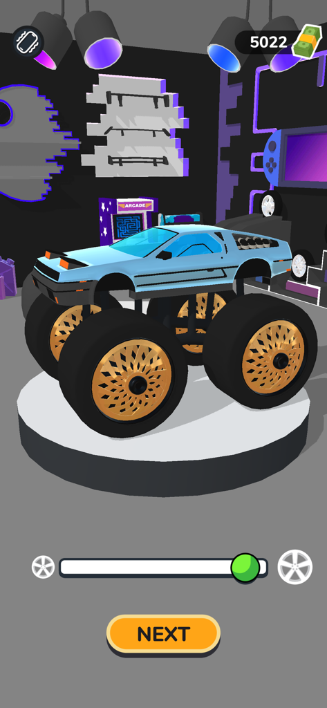Car Master 3D - Un'auto sportiva blu personalizzata con ruote oversize da monster truck in un garage 3D