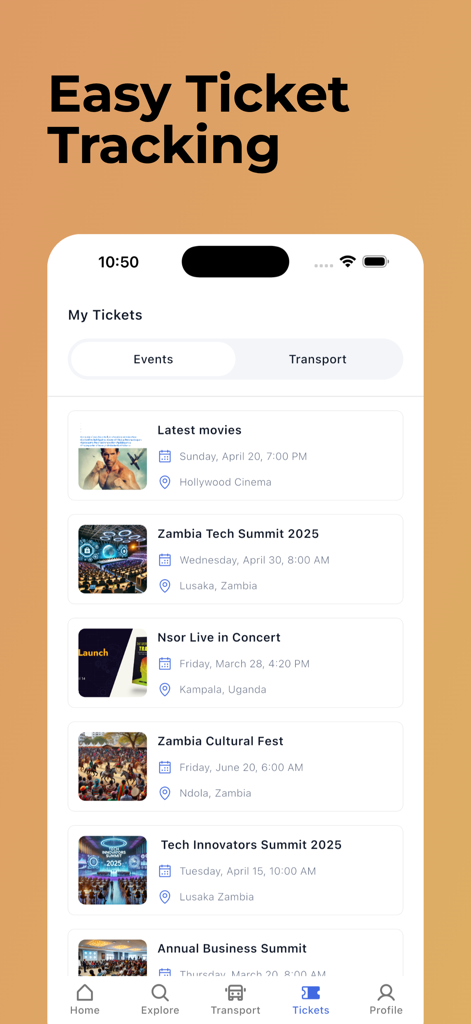 Chepa Ticket - Tela do aplicativo Chepa Ticket mostrando uma lista de eventos reservados, como cúpulas de tecnologia e festivais culturais na Zâmbia
