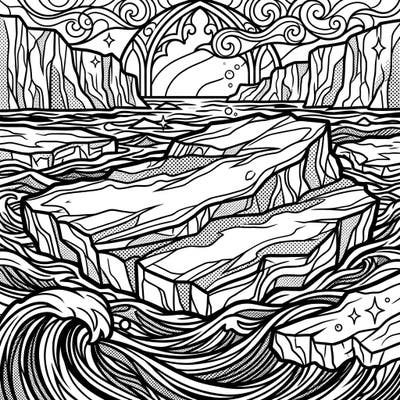 Explore the chilling beauty of ice floes reimagined through a striking Pop Art and Gothic lens. This unique coloring page offers a dramatic landscape with bold outlines and intricate details, perfect for artists seeking a distinctive challenge.