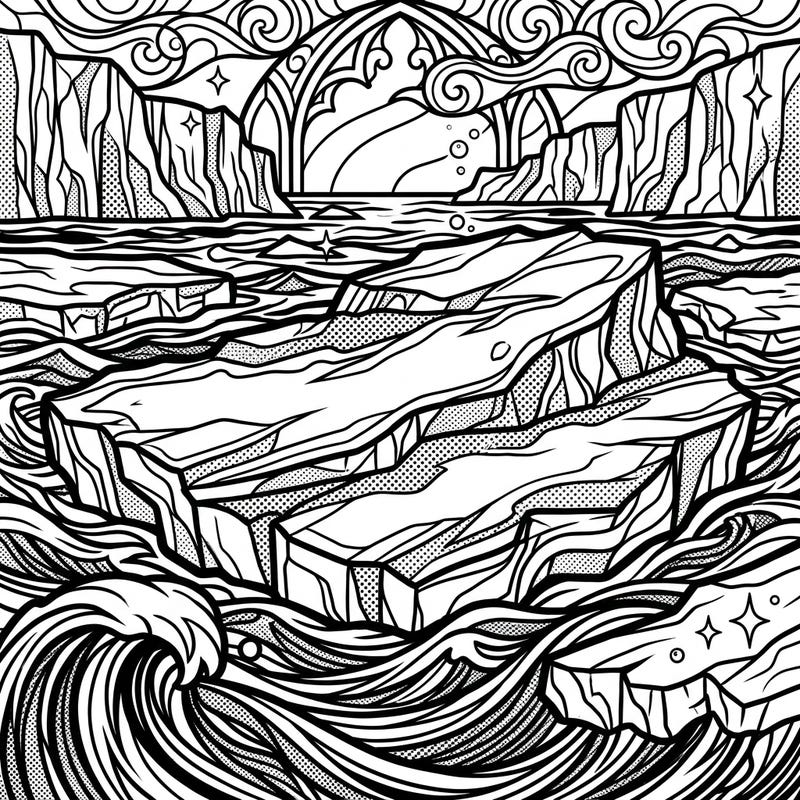 Explore the chilling beauty of ice floes reimagined through a striking Pop Art and Gothic lens. This unique coloring page offers a dramatic landscape with bold outlines and intricate details, perfect for artists seeking a distinctive challenge.