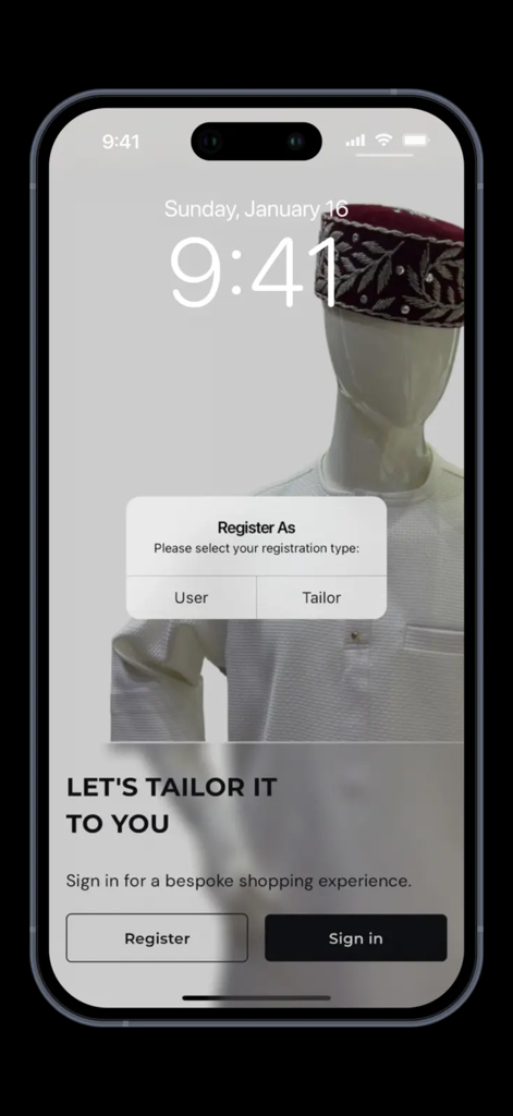 Stitches Africa - Stitches Africa mobile app registration screen with a popup to select between User and Tailor account types.