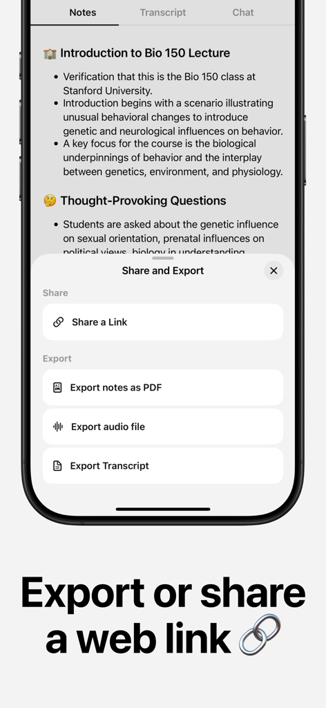 Flownote AI app interface showing options to share a web link or export meeting notes as PDF and transcript