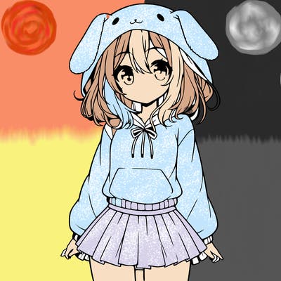 pretty anime girl wearing a fluffy hoodie with bunny ears on the hood and a skirt
