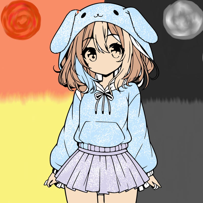 pretty anime girl wearing a fluffy hoodie with bunny ears on the hood and a skirt
