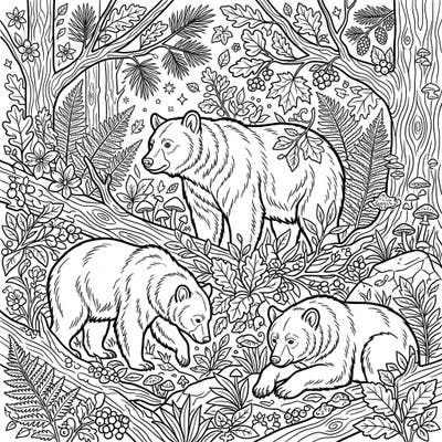 Unleash your creativity with this detailed coloring page featuring American Black Bears in their natural forest habitat. Designed for teens, it provides an engaging and educational artistic escape.
