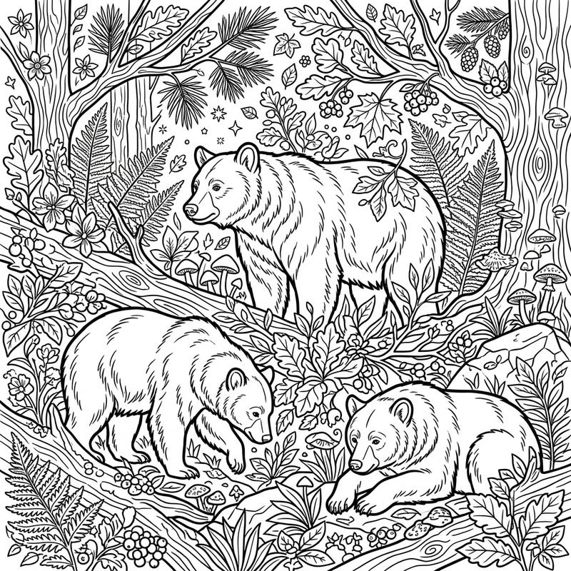 Unleash your creativity with this detailed coloring page featuring American Black Bears in their natural forest habitat. Designed for teens, it provides an engaging and educational artistic escape.