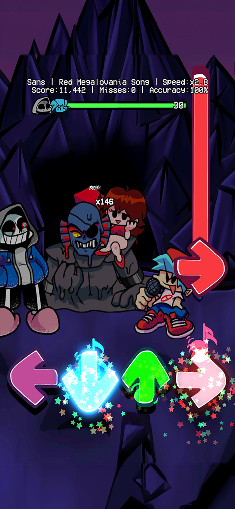 Capture d'écran du gameplay de Friday Night Funkin mobile présentant une bataille musicale rythmique contre les personnages Sans et Undyne