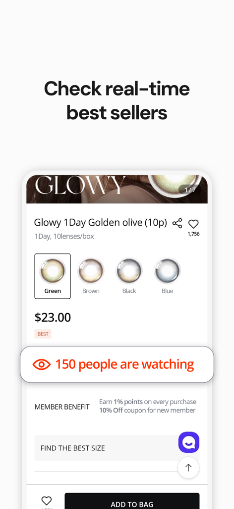 OLENS - 실시간 인기 판매 현황과 소셜 프루프를 특징으로 하는 Glowy 1 Day 골든 올리브 컬러 렌즈의 OLENS 앱 제품 페이지