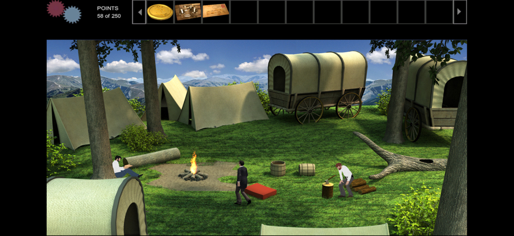Gold Rush! Anniversary HD - Gameplay scene from Gold Rush Anniversary HD featuring a pioneer campsite with covered wagons and tents