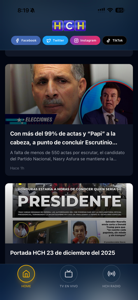 Home screen of the HCH TV app featuring Honduran news updates and live TV navigation