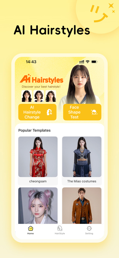 Hair Edit - Mobile app interface of Hair Edit featuring AI hairstyle changes and a face shape test tool.