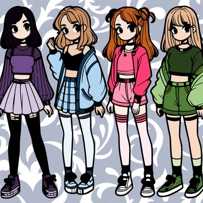 one girl with crop-top shirt and a jacket with a skirt, long socks and another girl with a shirt and pants with a jacket