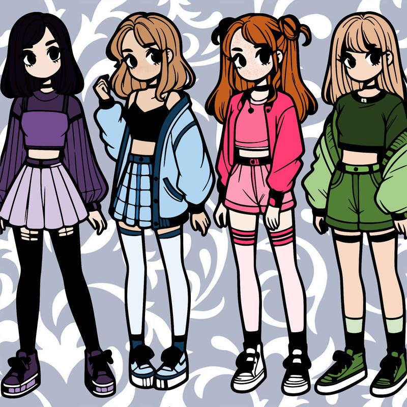 one girl with crop-top shirt and a jacket with a skirt, long socks and another girl with a shirt and pants with a jacket
