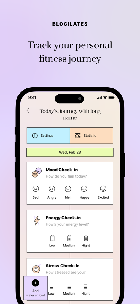 Body by Blogilates - Body by Blogilates app interface for tracking daily mood energy and stress levels