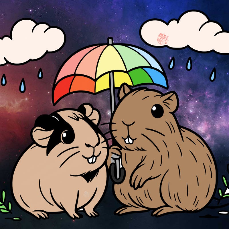 guinea pig and capybara on a rainy day