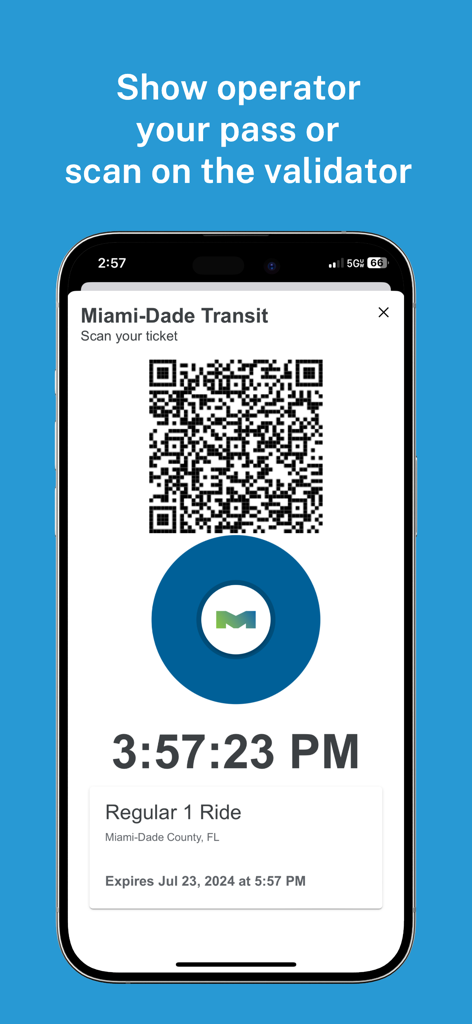 Token Transit - A smartphone screen showing a digital Miami-Dade Transit ticket with a QR code inside the Token Transit app