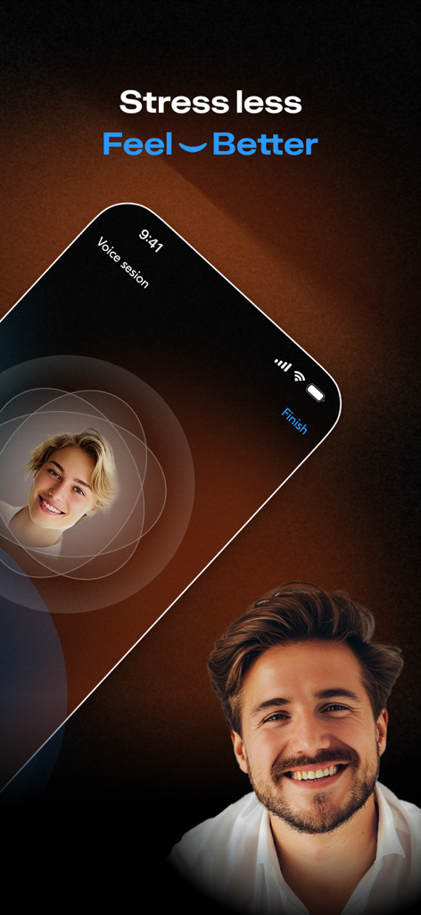 ChatMind: AI Therapist - A smiling man using the ChatMind app for an AI voice therapy session with the text Stress less Feel Better