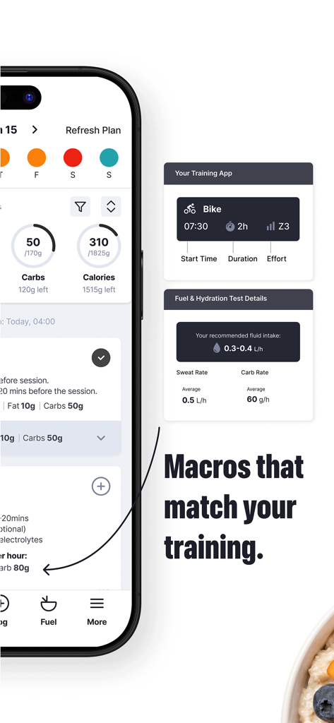 Fuelin mobile app screen displaying nutrition plan synced with workout performance data
