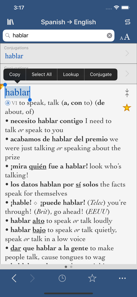Entrada do dicionário de Espanhol para Inglês para a palavra hablar mostrando tradução e exemplos de uso