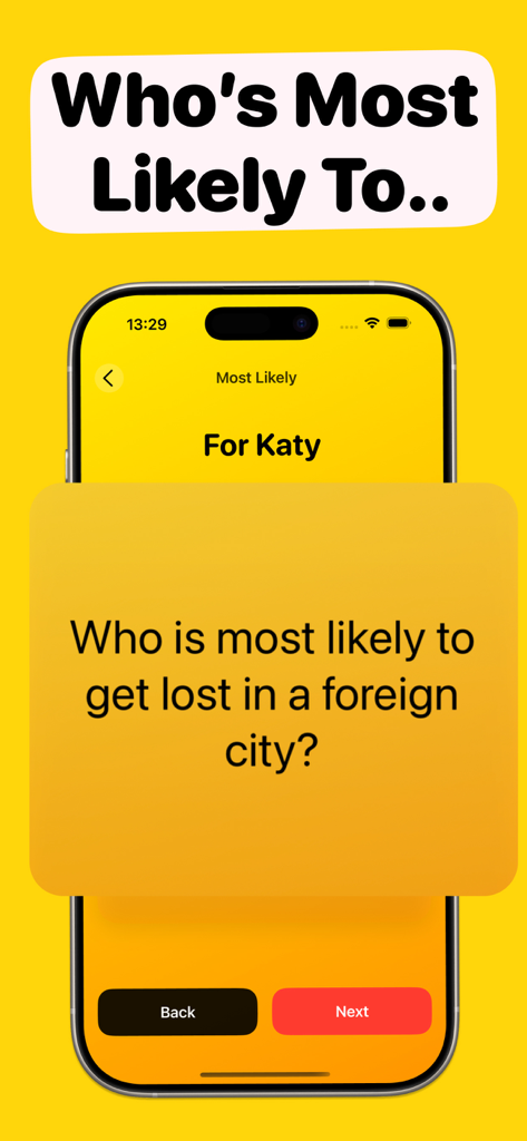Sleepover Games - I Have Never - A mobile screen from the Sleepover Games app showing a Whos Most Likely To question about getting lost in a foreign city.