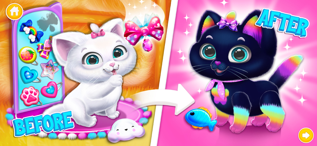 Before and after makeover showing a white kitten transformed into a rainbow galaxy cat