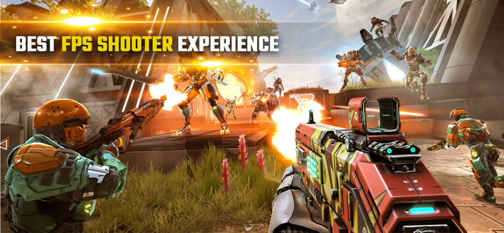 Action-packed first-person shooter gameplay in Shadowgun Legends featuring futuristic combat and weapons.