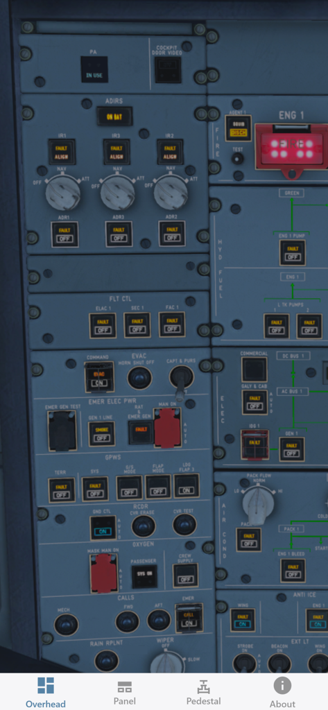 A detailed view of the Airbus A320 overhead panel featuring system switches and status lights for pilot training.
