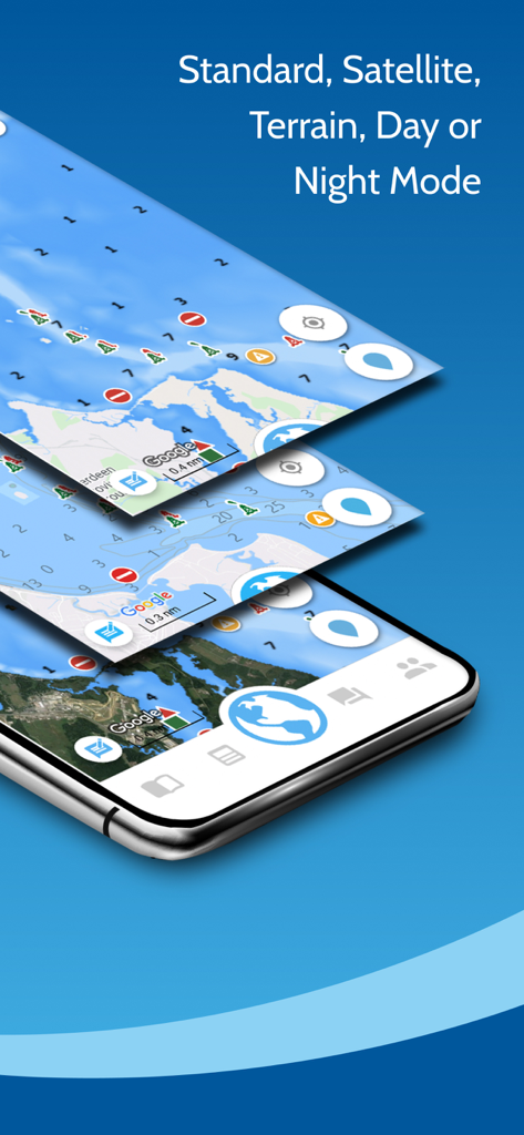 Argo - Boating Navigation - A mobile phone screen showing various map layers for Argo boating navigation including satellite and terrain views.