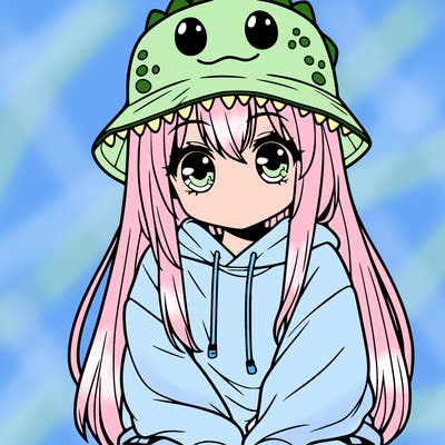 girl with anime shaped eyes with a dinosaur bucket hat oversized sweatshirt long straight hair