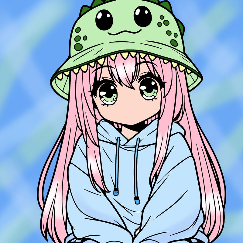 girl with anime shaped eyes with a dinosaur bucket hat oversized sweatshirt long straight hair