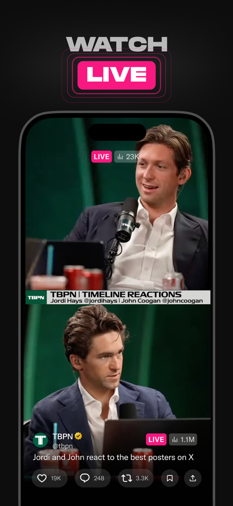 A mobile screen showing a live video broadcast on the X app featuring a podcast interview with real time engagement metrics.