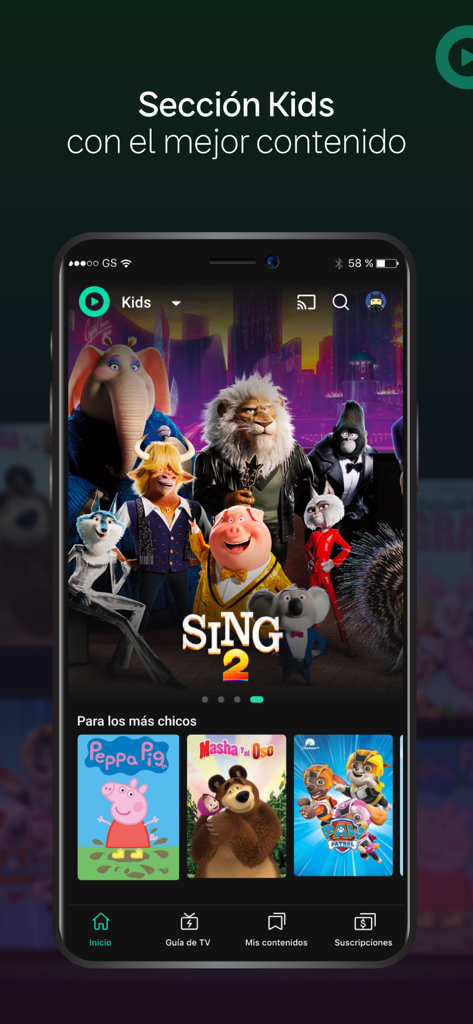 Flow - Interface do app Flow mostrando a seção Kids com filmes populares como Sing 2 e desenhos animados como Peppa Pig
