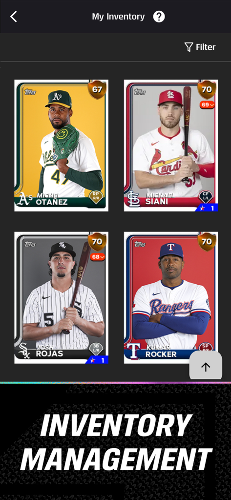 A screenshot of the inventory management screen in the MLB The Show Companion App featuring collectible player cards.