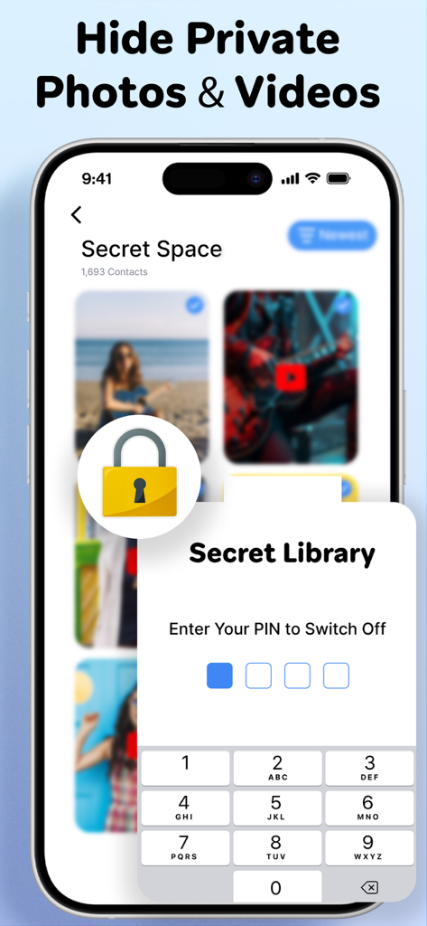 Phone cleaner + Photo cleaner - Interfaccia della funzione Spazio segreto che mostra una schermata di immissione PIN sicura per nascondere foto e video privati.