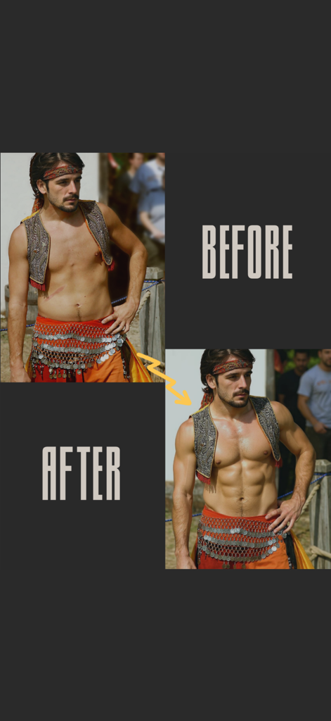 Abs Body Editor ◦ Retouch AI - Una comparación de antes y después que muestra la transformación del físico de un hombre con abdominales six-pack definidos por IA.
