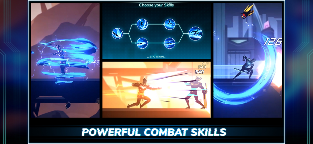 Colage de juego de Overdrive II mostrando poderosas habilidades de combate y menú de selección de habilidades.