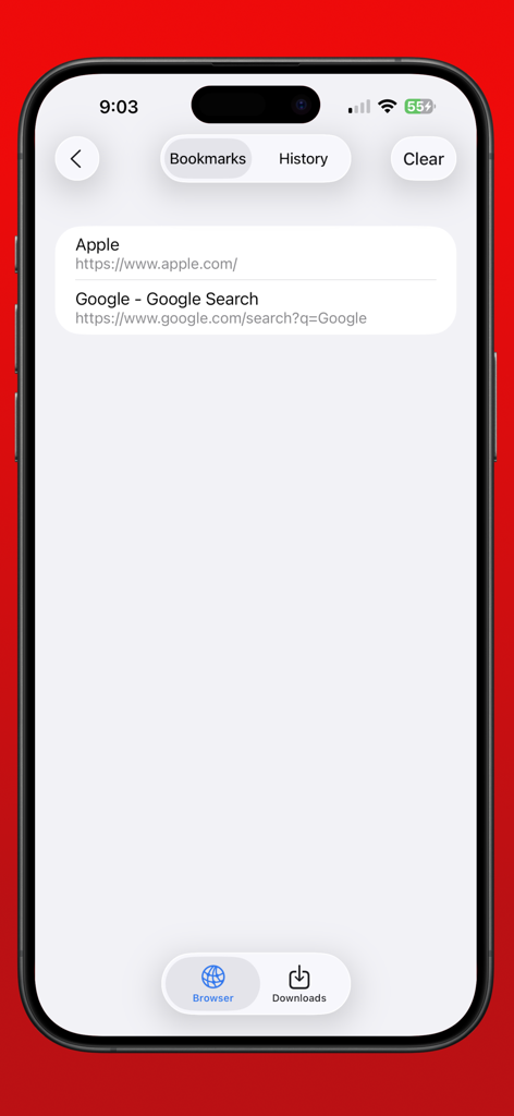 Private Browser Fast, eBrowser - eBrowser private browser bookmarks list showing saved website links on iPhone