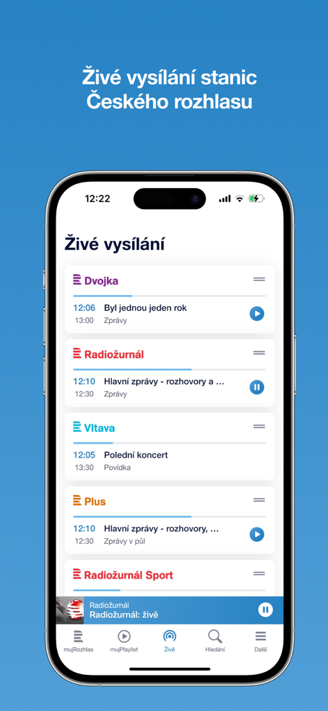 mujRozhlas app interface showing a list of live Czech Radio stations on an iPhone