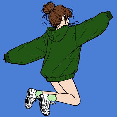 realistic girl jumping with a bun and oversized sweatshirt