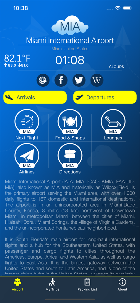 Miami Airport (MIA) + Radar - 마이애미 공항 MIA 앱의 홈 화면으로, 항공편 추적 및 공항 서비스 기능