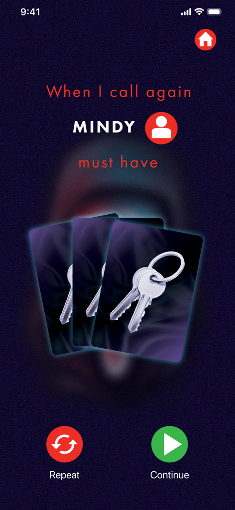 Scream The Game - Gameplay screen from Scream The Game showing task for player Mindy to have key cards