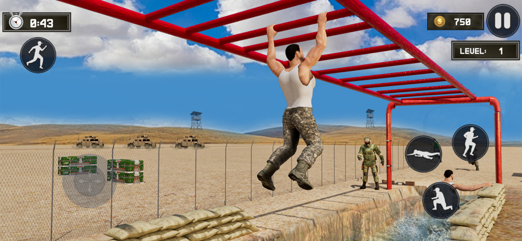 US Army Training Academy Camp - A soldier training on monkey bars at a military camp obstacle course