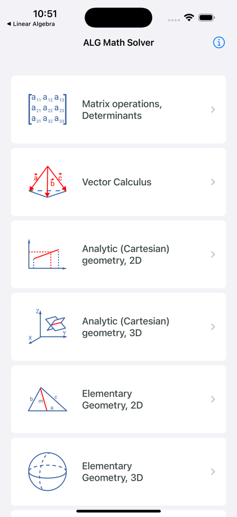 ALG Math Solver - Main menu of ALG Math Solver displaying advanced math categories including matrices and geometry