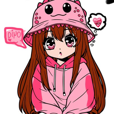 girl with anime shaped eyes with a dinosaur bucket hat oversized sweatshirt long straight hair