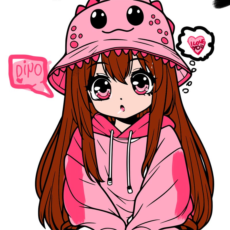 girl with anime shaped eyes with a dinosaur bucket hat oversized sweatshirt long straight hair