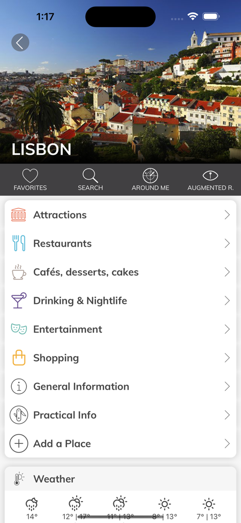 NetViagens - NetViagens app interface showing a travel guide for Lisbon with categories for attractions, restaurants, and shopping
