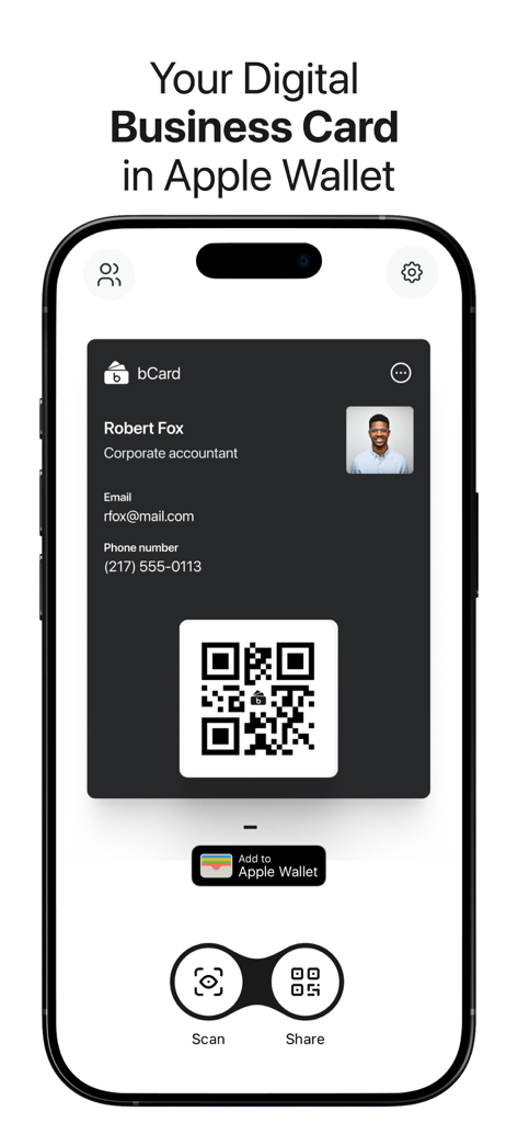 bCard: Digital Business Card - Interface de carte de visite numérique sur un iPhone avec code QR et intégration Apple Wallet