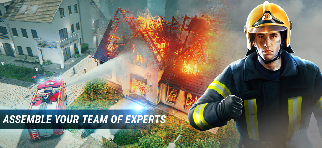 EMERGENCY HQ: firefighter game - Un pompier se tient devant une maison en feu, avec un camion de pompiers en arrière-plan.